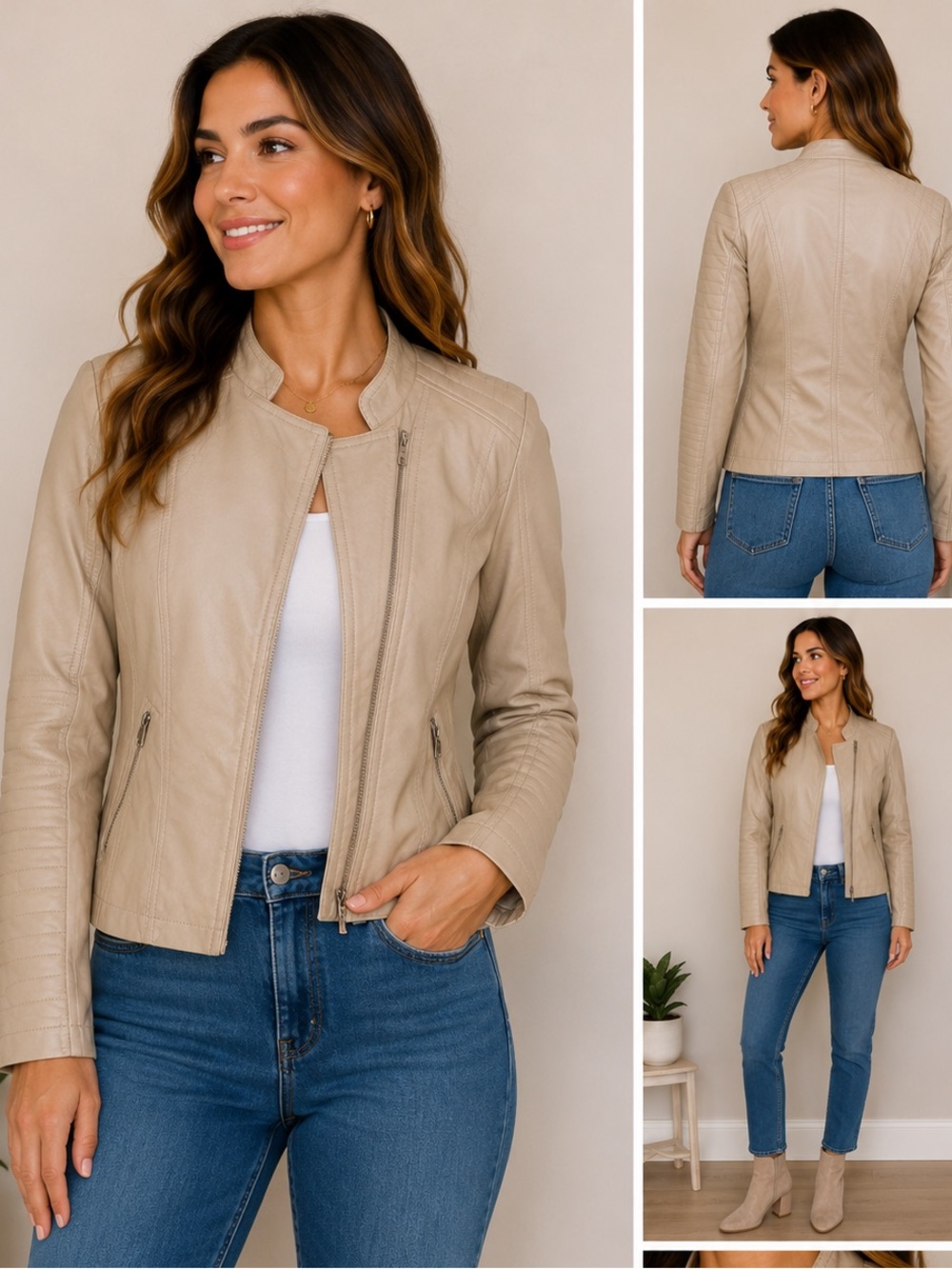 Metaphor Beige Faux Leather Moto Jacket Women’s M